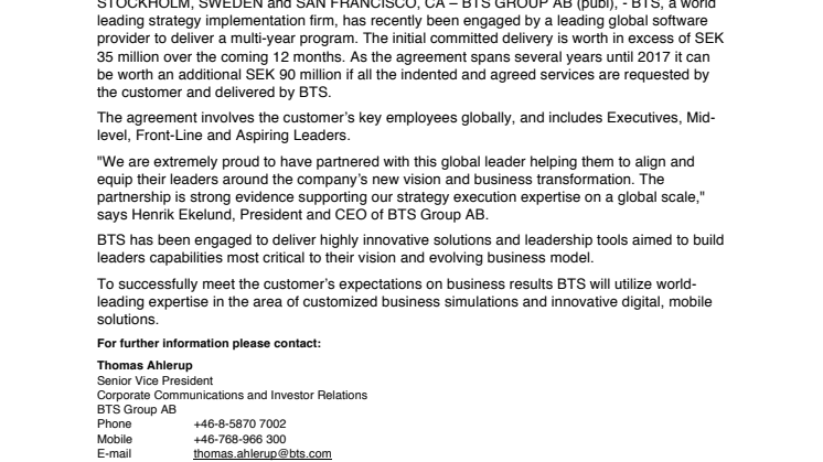 BTS Signs Agreement with Leading Global Software Provider initially valued at a minimum of SEK 35 million 