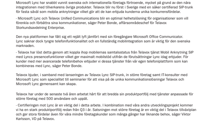 Telavox först i Sverige med säker telefoni mot Microsoft Lync Server