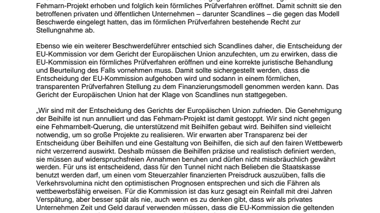 Gericht der Europäischen Union (EuG) stoppt Finanzierung für die Fehmarnbelt-Querung