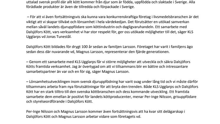 KLS Ugglarps AB i nytt samarbete med Dalsjöfors Kött AB