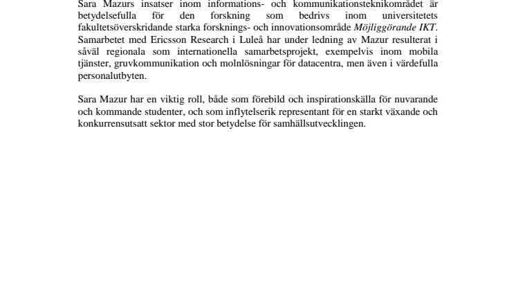 Sara Mazur, forskningschef Ericsson, motivering hedersdoktor Luleå tekniska universitet