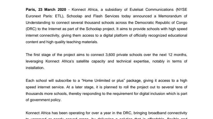 Konnect Africa to connect schools in the Democratic Republic of Congo with high speed internet