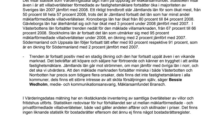 Mäklarförmedlade villaöverlåtelser ökar stadigt 