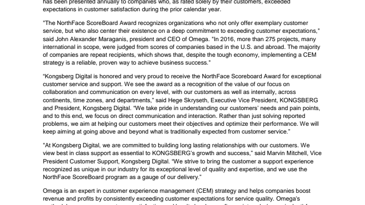 Kongsberg Digital: ​NorthFace ScoreBoard Award(SM) Reflects High Satisfaction Among Kongsberg Digital Customers