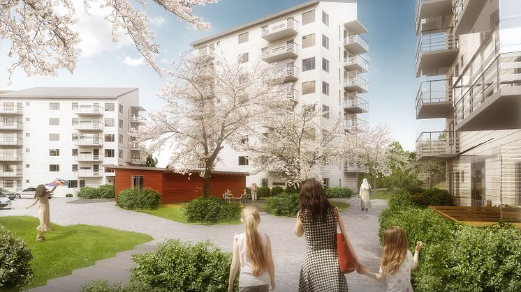 Framför de tre punkthusen finns den gröna gården med många mötesplatser för alla generationer.