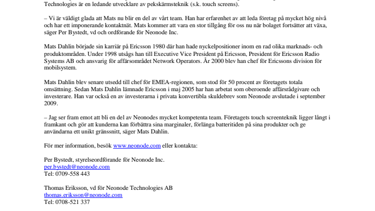 Mats Dahlin till Neonode Technologies som ny styrelseledamot och rådgivare