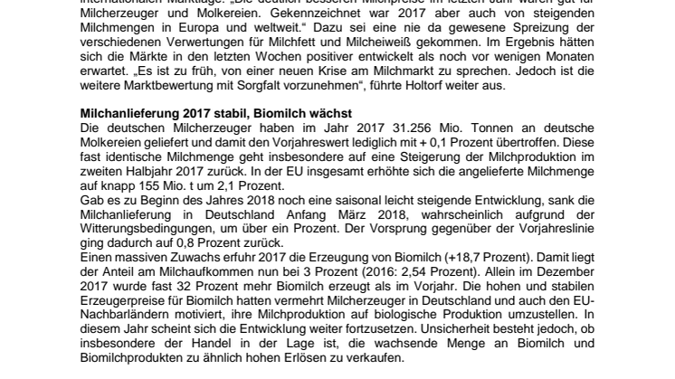 Unterschiedliche Vorzeichen am Milchmarkt 2018