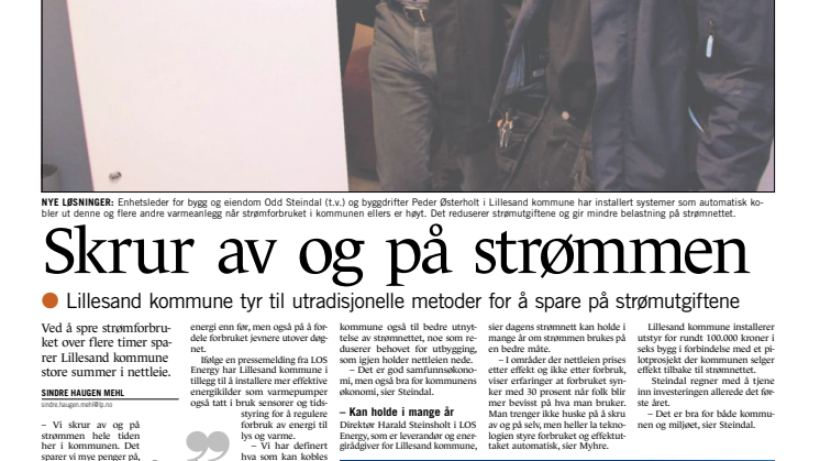 Presseklipp fra Lillesand-Posten 19.05.2015 - Sparer på stadig å skru av og på strømmen