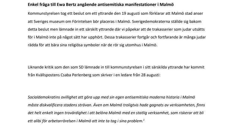 Enkel fråga angående antisemitiska manifestationer i Malmö