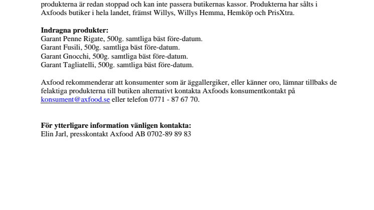 Axfood återkallar varianter av Garant pasta
