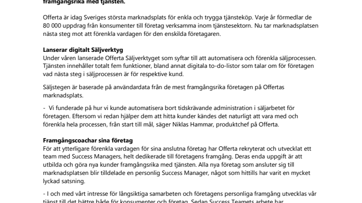 Offerta lanserar Säljverktyget  - automatiserar företagens säljprocess