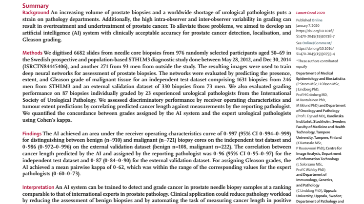 Artificial intelligence for diagnosis and grading of prostate cancer in biopsies: a population-based, diagnostic study