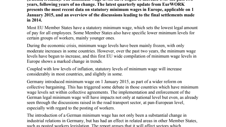 A spotlight on statutory minimum wage levels in Europe in 2015