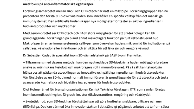 BASF och CTIBiotech utvecklar den första rekonstruktionen av människohud med makrofager med 3D-bioskrivningsteknologi