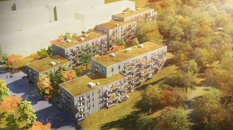 Flygvy över Bostads AB Poseidons fastighet i Örgryte Torp Etapp II 