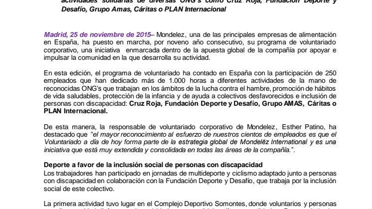 Más de 250 empleados de Mondelez en España participan en su programa de voluntariado corporativo