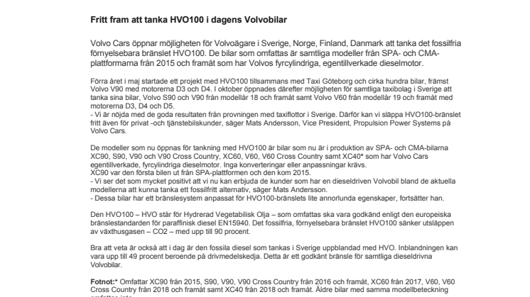 Fritt fram att tanka HVO100 i dagens Volvobilar