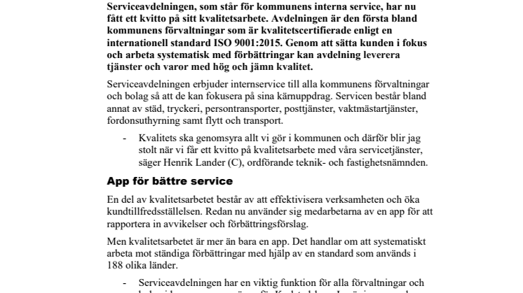 Kommunens internservice certifieras för kvalitetsarbete