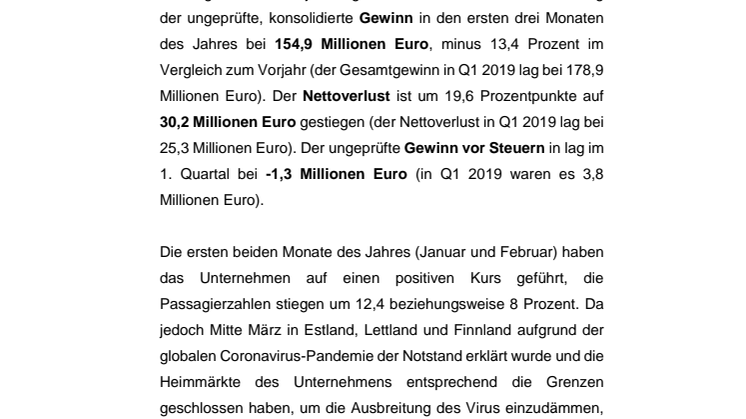 Tallink Silja veröffentlicht durch COVID-19 beeinflusstes, finanzielles Ergebnis für das 1. Quartal 2020