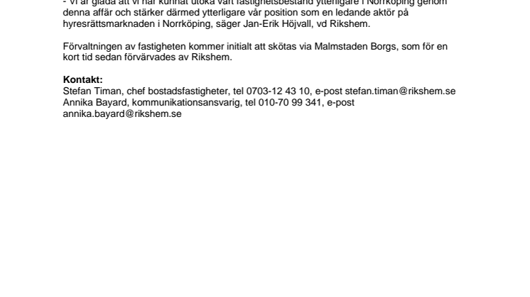 Rikshem i nytt förvärv i centrala Norrköping