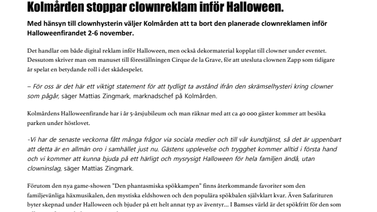 Kolmården stoppar clownreklam inför Halloween