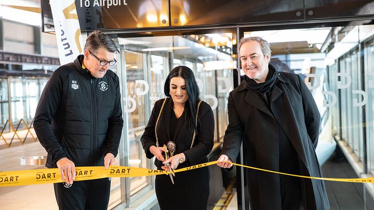 Luton VIPs celebrate imminent opening of DART: Mayor Cllr Sameera Saleem with football club legend Mick Harford and film composer David Arnold