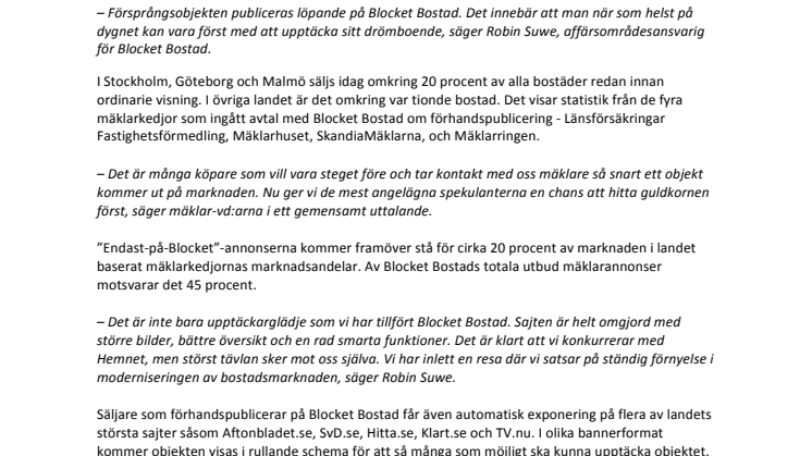 Nu förhandspubliceras mäklarobjekt på Blocket Bostad 