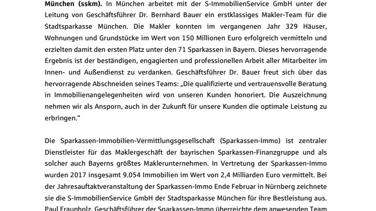 S-ImmobilienService der Stadtsparkasse München ist bester Immobilienvermittler in Bayern