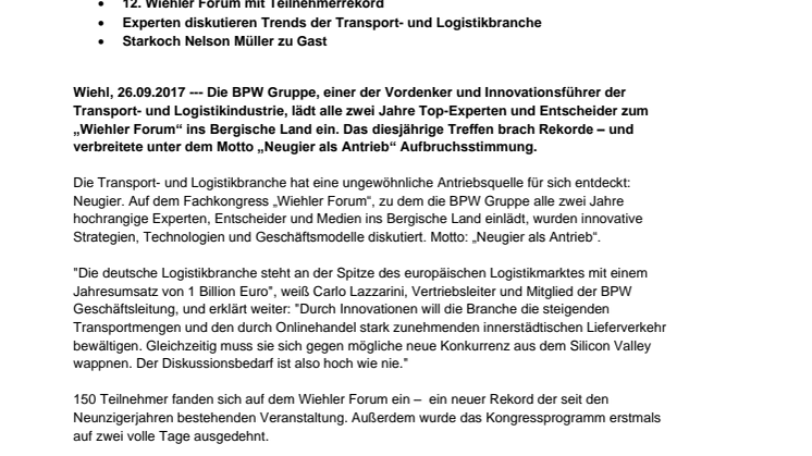 Wiehler Forum: Gipfeltreffen von Experten und Entscheidern aus Transport und Logistik in Wiehl