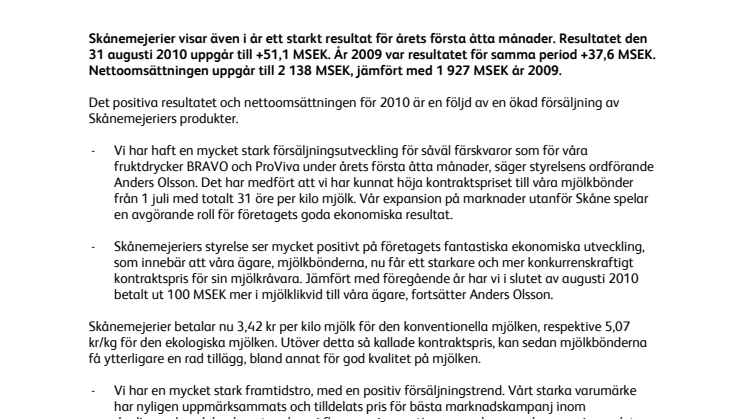 Ökad försäljning bakom stark delårsrapport från Skånemejerier