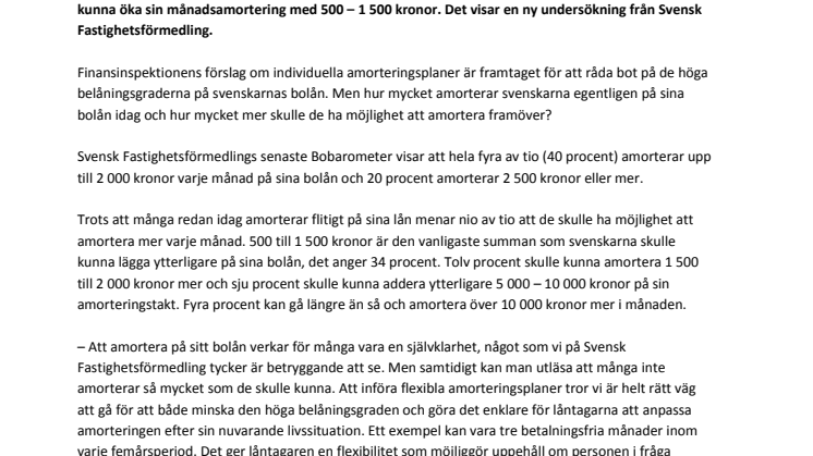 Bobarometern visar: Nio av tio svenskar kan amortera mer
