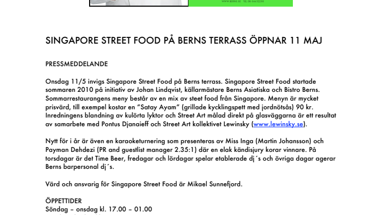 SINGAPORE STREET FOOD PÅ BERNS TERRASS ÖPPNAR 11 MAJ