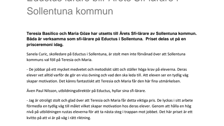 Eductus lärare blir Årets Sfi-lärare i Sollentuna kommun