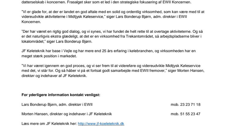 EWII har solgt Midtjysk Køleservice til JF Køleteknik