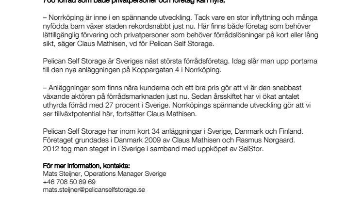 Nu öppnar Pelican Self Storage i Norrköping  