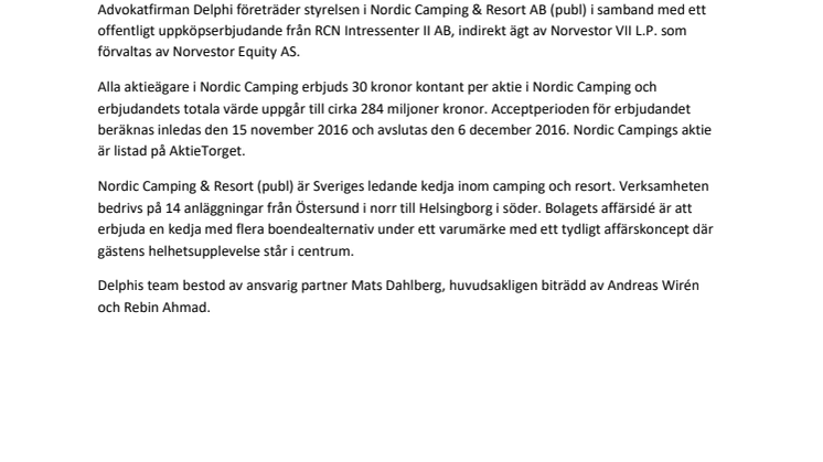 Delphi biträder styrelsen i Nordic Camping & Resort AB (publ) i samband med offentligt uppköpserbjudande från Norvestor