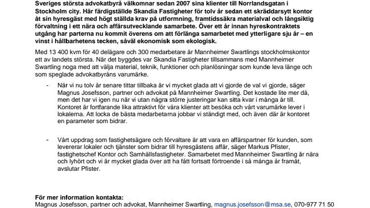 Hållbarhetsvinster när Mannheimer Swartling förlänger stockholmskontorets avtal