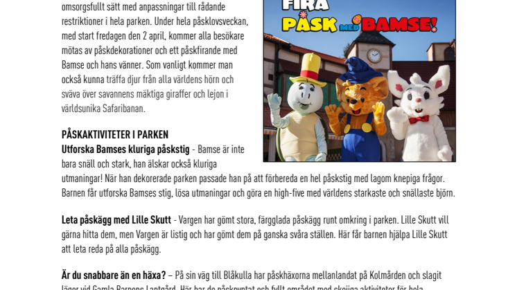 Påskfirande med Bamse inleder Kolmårdens säsong den 2 april
