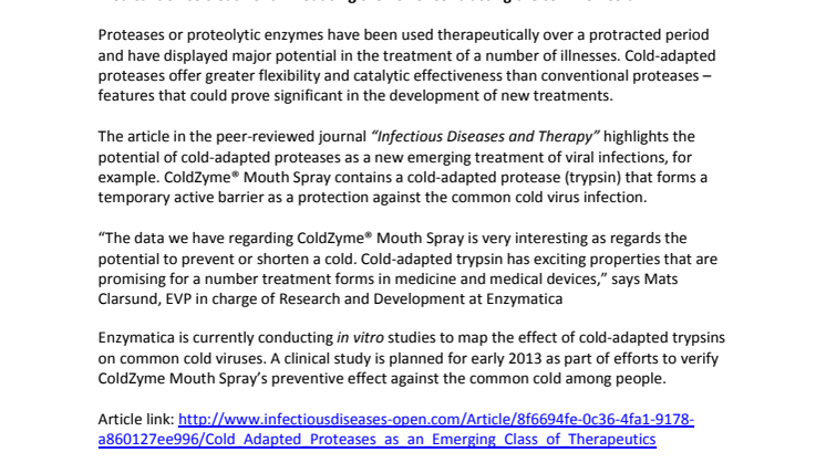 Enzymatica published in the international journal Infectious Diseases & Therapy – promising method for the prevention of colds using ColdZyme Mouth Spray