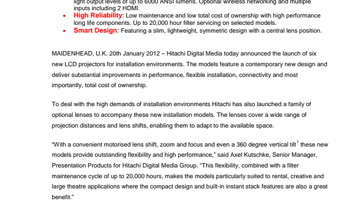 HITACHI LAUNCHES A BROAD NEW RANGE OF INSTALLATION LCD PROJECTORS