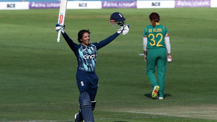 Sophia Dunkley celebrates her hundred in Bristol. Photo: Getty Images