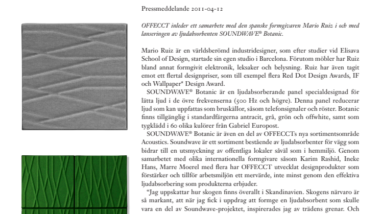 OFFECCT och Mario Ruiz presenterar SOUNDWAVE® Botanic – en organisk ljudabsorbent för förbättrad arbetsmiljö