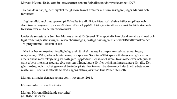 Markus Myron ny sportchef på Solvalla