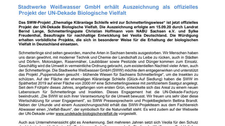 ​Stadtwerke Weißwasser erhalten Auszeichnung als offizielles Projekt der UN-Dekade Biologische Vielfalt