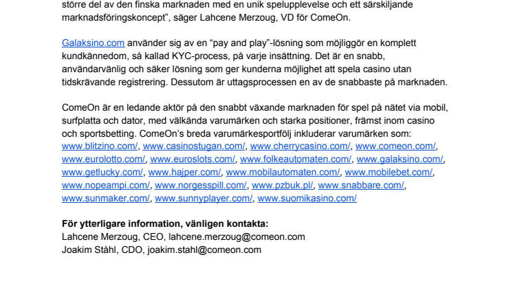 ComeOn lanserar Galaksino.com i Finland – ett casino med snabba uttag