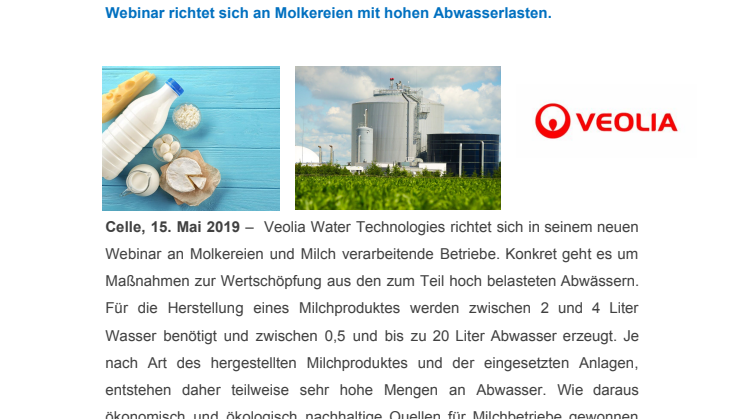Neues Webinar: Wertschöpfung aus Abwasser in der Milchverarbeitung
