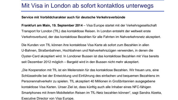 Mit Visa in London ab sofort kontaktlos unterwegs