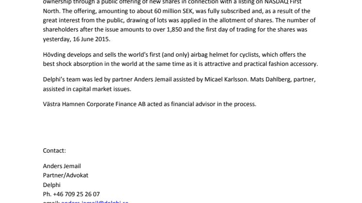 Delphi advised Hövding Sverige AB (publ) in connection with an IPO