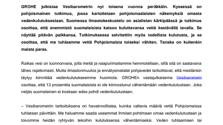 GROHE julkaisee Vesibarometrin: Suomalaiset ovat perillä vedenkulutuksestaan