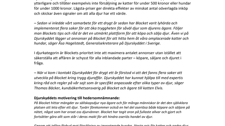 Blocket tilldelas Djurskyddets hedersomnämnande
